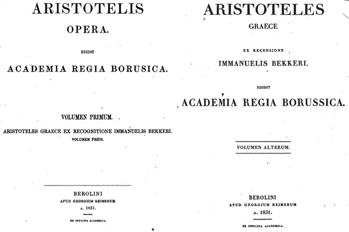 La storica edizione di Aristotele curata dal Bekker