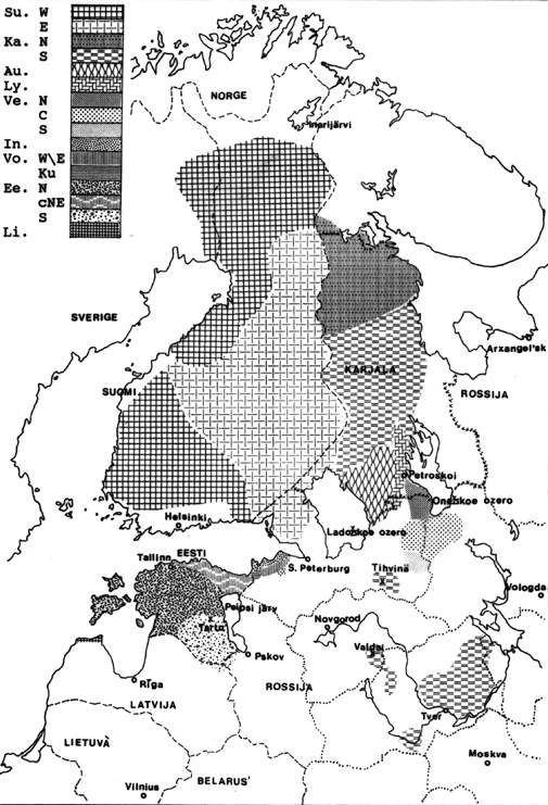 Carta  linguistica delle lingue baltofinnche e delle loro principali variet