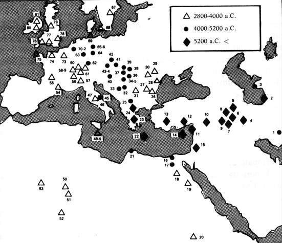 Diffusione dell'agricoltura in Europa in base ai più antichi siti di insediamenti agricoli datati al radiocarbonio non calibrato