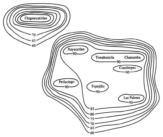 Isoglosse di percentuali di intercomprensibilit nell'area mixteca settentrionale