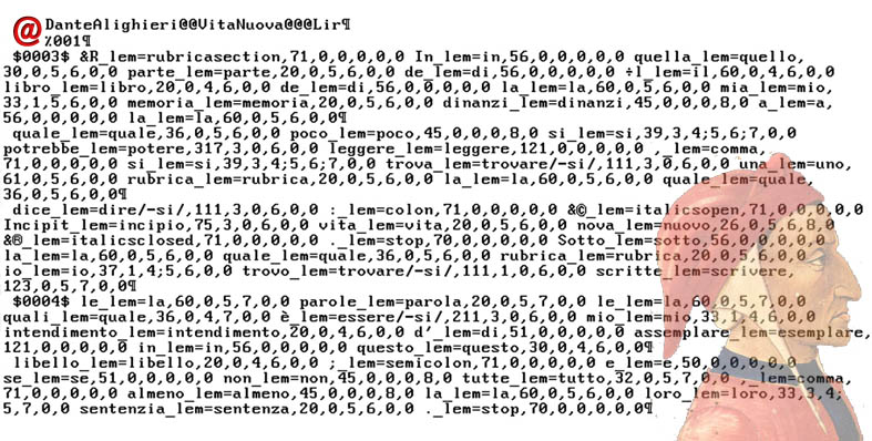 The incipit of Vita Nuova in the internal CT format, with the Codice Riccardiano Dante peeping out.